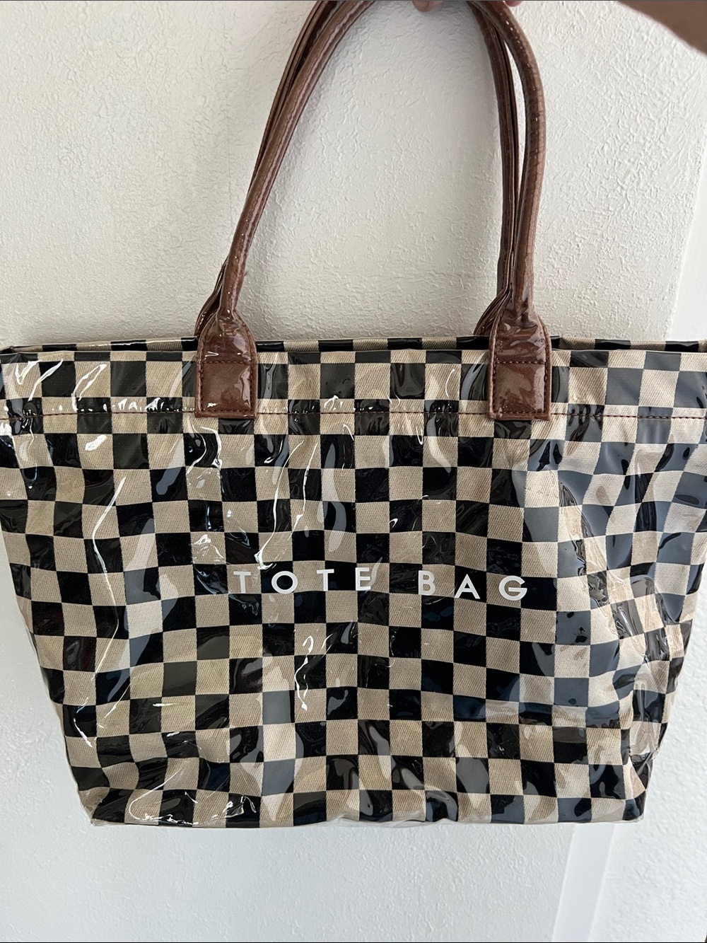Checkerboard Tote Bag with Brown Handles - Black & Cream Plastic Cover